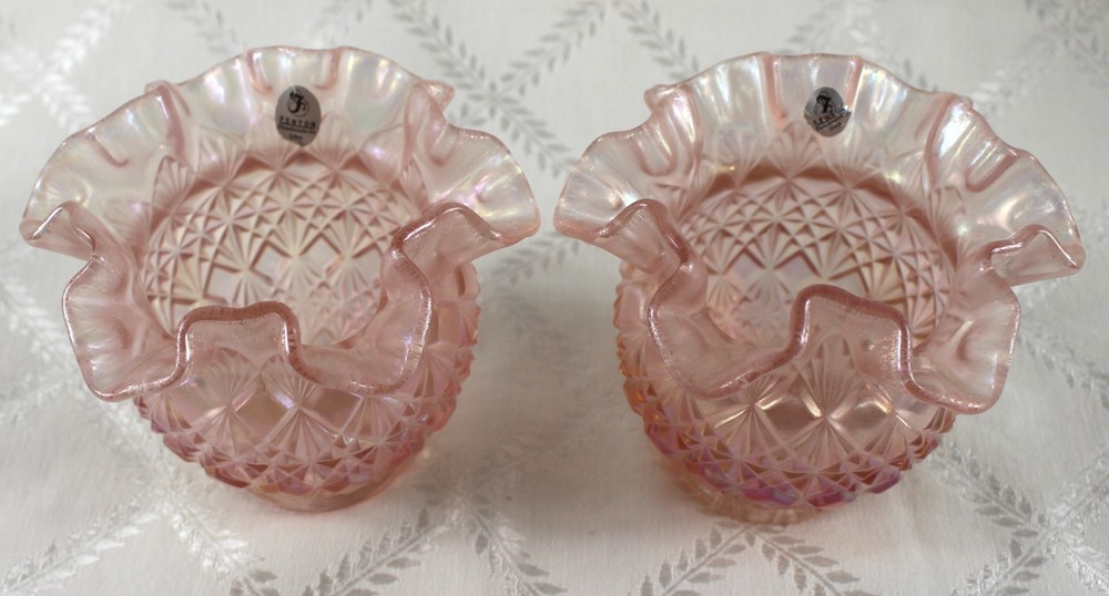 Set of 2 Fenton Pink Ruffled Rose Bowl Vases with Iridescent Diamond Design