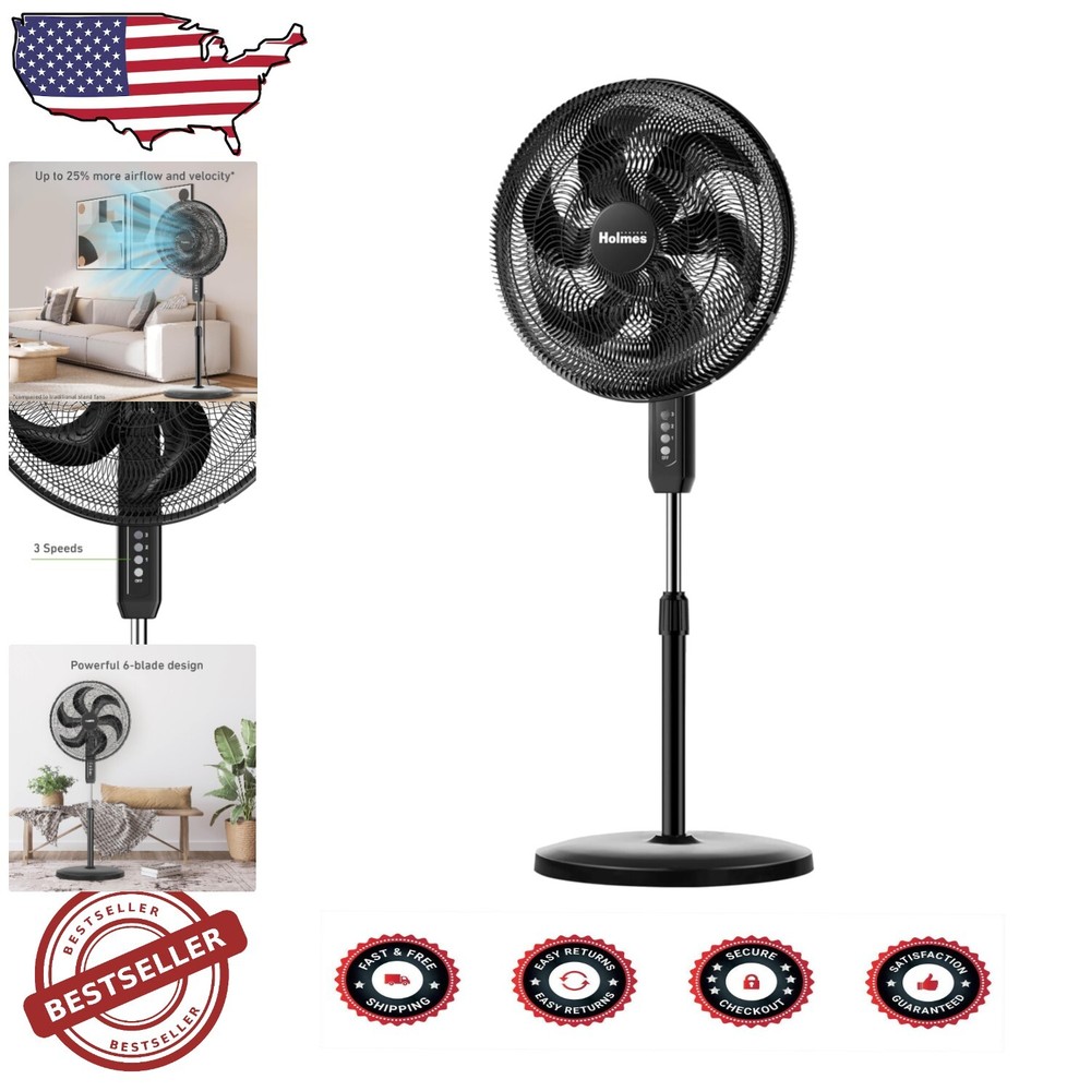 16-Inch BIG BREEZE Oscillating Stand Fan with 3 Speeds, Adjustable Height & Tilt in Black
