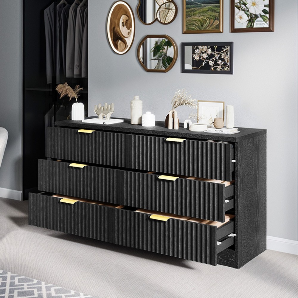 6-Drawer Fluted Panel Dresser TV Stand Cabinet in Black