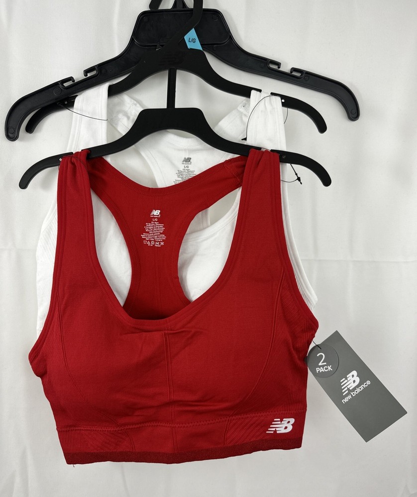 New Balance L Sports Bra 2 Pack Racerback Tagless Padded Team Red & White