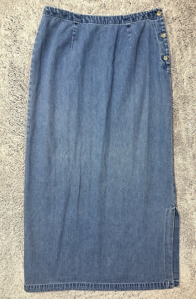 VTG 90s Eddie Bauer High Waist Denim Maxi Skirt with Side Buttons & Slit Y2K Boho Size 31
