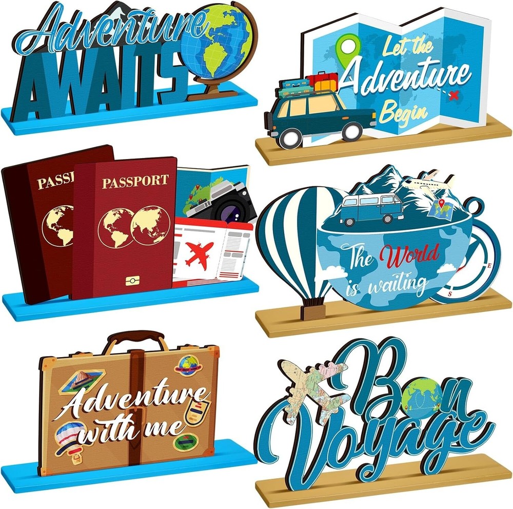 6 Pcs Travel Themed Wooden Centerpieces Table Toppers Adventure Awaits Party ...