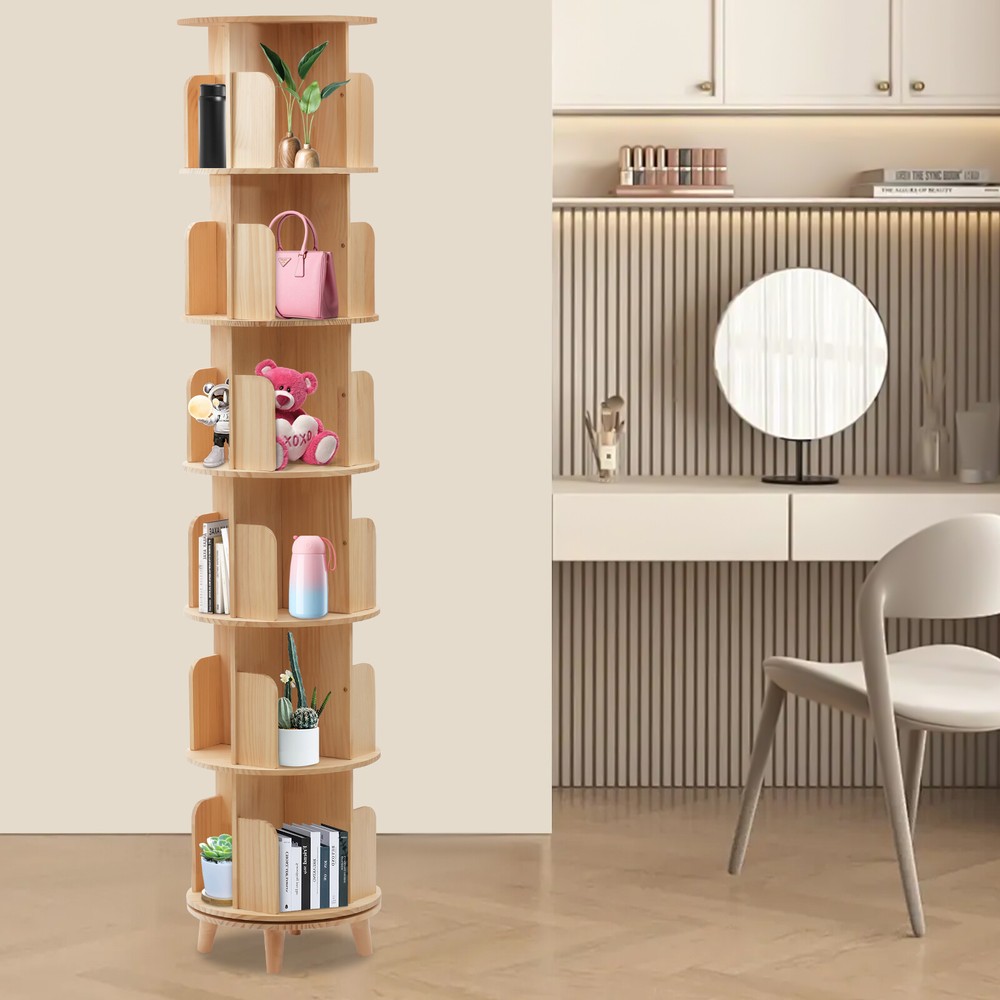 6-Tier Rotating Wood Bookcase - Space-Saving Home Storage Shelf