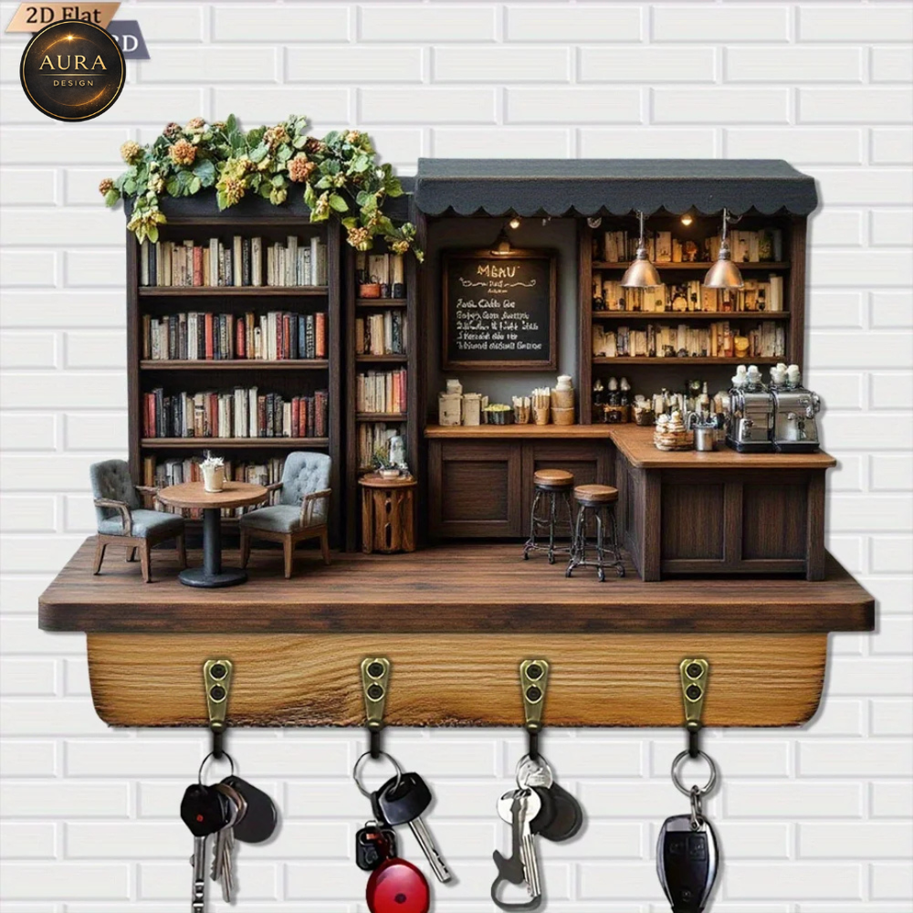Wall Keychain 30cm - Elegant Coffee Shop Organizer 2D 4 Hooks Entrance
