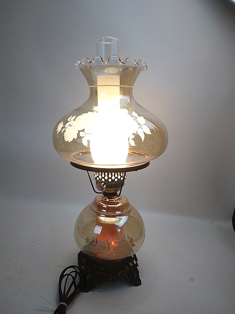 Victorian Double Globe Hurricane Rose Parlor Lamp Amber 20 Inch Gone With the Wind Style-image