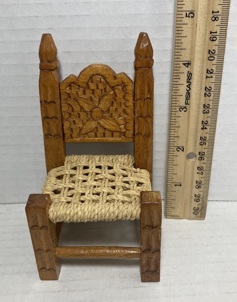Vintage Small Doll Chair Hand Made Carved Wood With Jute Seat 4-3/4” Tall