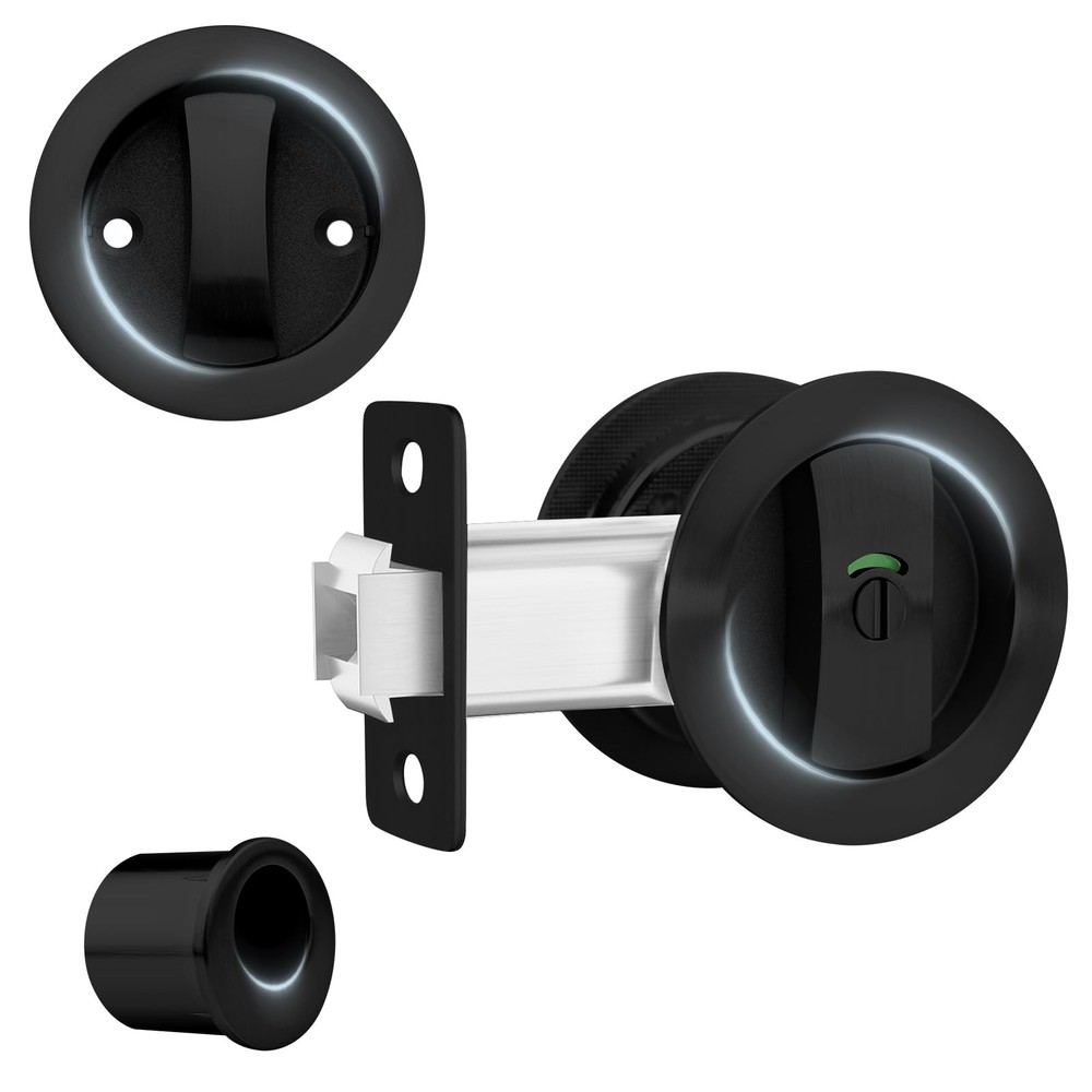 Matte Black Round Pocket Door Lock and Pull with Privacy Indicator