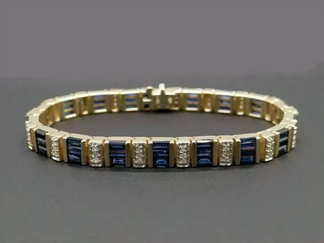 8-Piece Baguette Lab Sapphire Bracelet in 14K Gold Plating for Women