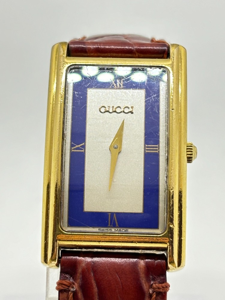 [Exc+5] GUCCI 2600M Quartz Gold Blue Rectangle Women's Watch Used Working F/S