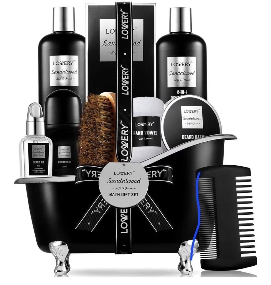 Lovery Sandalwood Bath Gift Set for Men, Alcohol-Free, Beard Oil, Balm, Comb