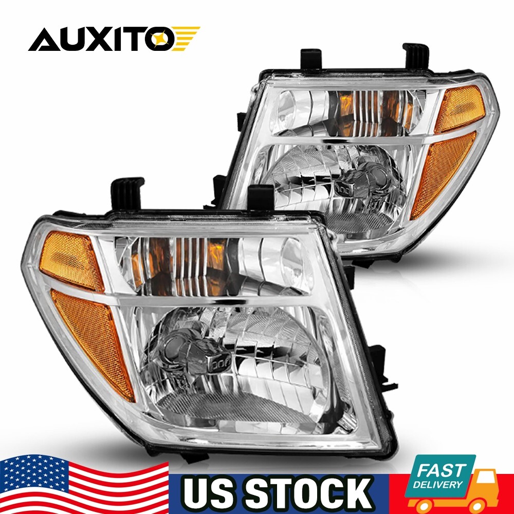 Chrome Headlights Assembly Amber Corner Lamps Pair For 2005-08 Nissan Frontier