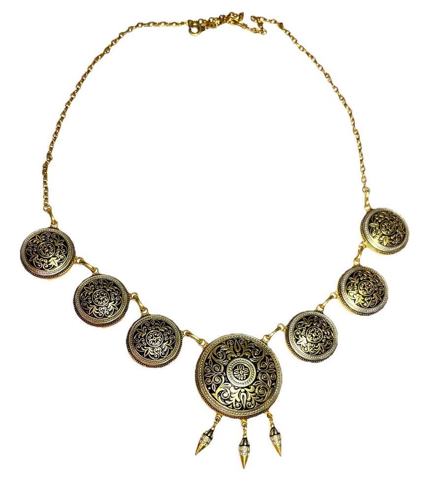 Vintage Gold Tone Spanish Damascene Style Medallion Necklace