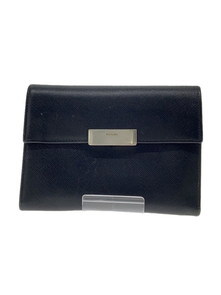 PRADA Men's Black Leather Tri-Fold Wallet Solid Color Design