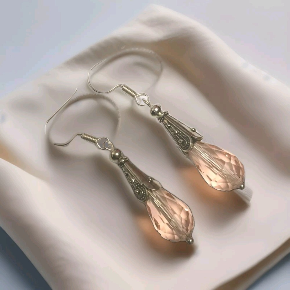 Pink Crystal Teardrop Dangle Earrings in Silver Plate Faceted Design