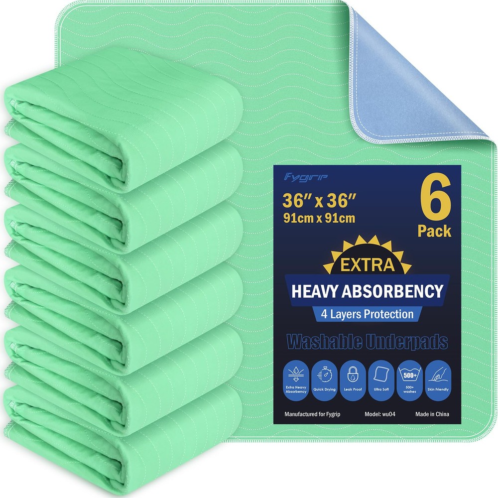 6 Pack 36x36 Heavy Absorbency Washable Waterproof Underpads for Adults