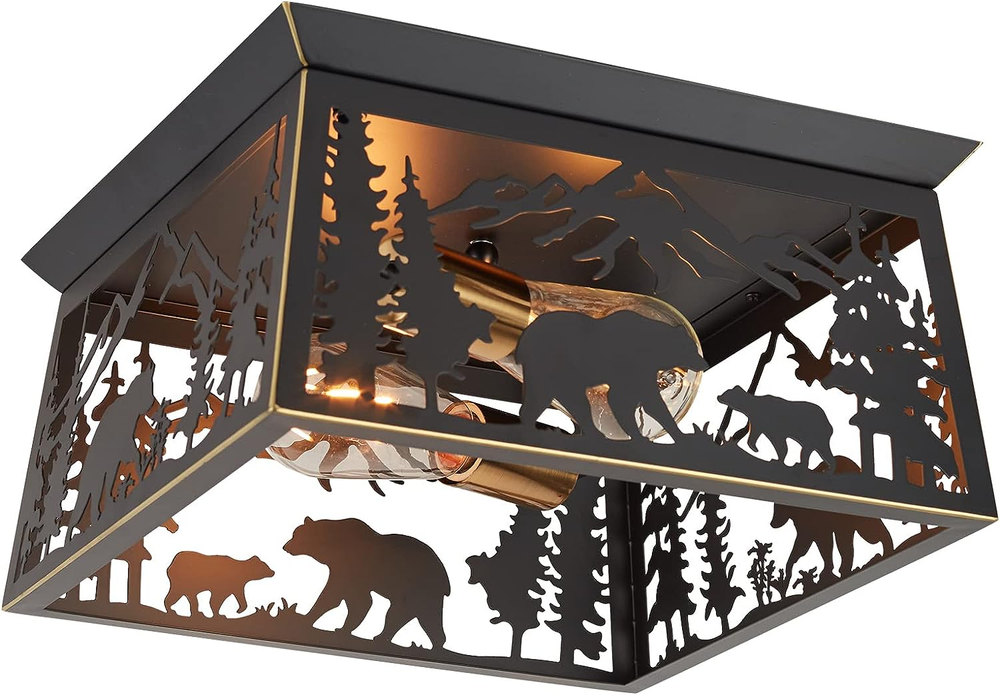 Rustic Farmhouse Bear Flush Mount Ceiling Light, Industrial Black, E26 Base, 12.