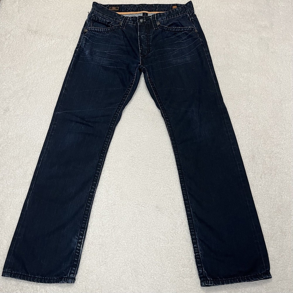 Rivet De Cru Jeans Mens 34x34 Blue Dark Wash Button Fly Mae Relaxed Straight Leg