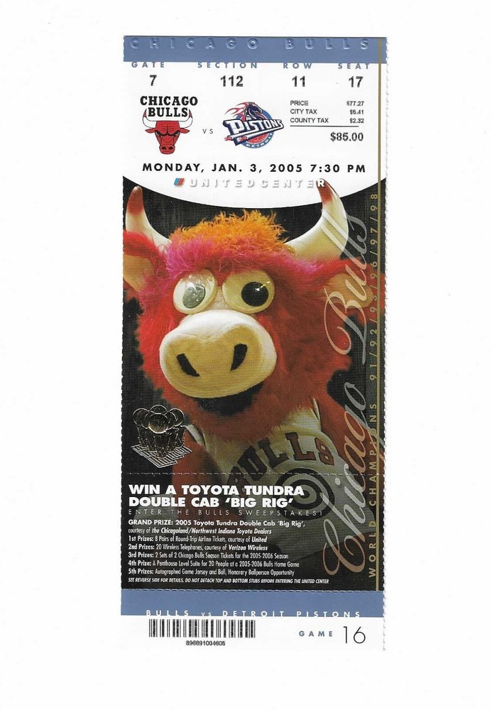 Chicago Bulls vs Detroit Pistons Unused Basketball Ticket from 1/3/2005
