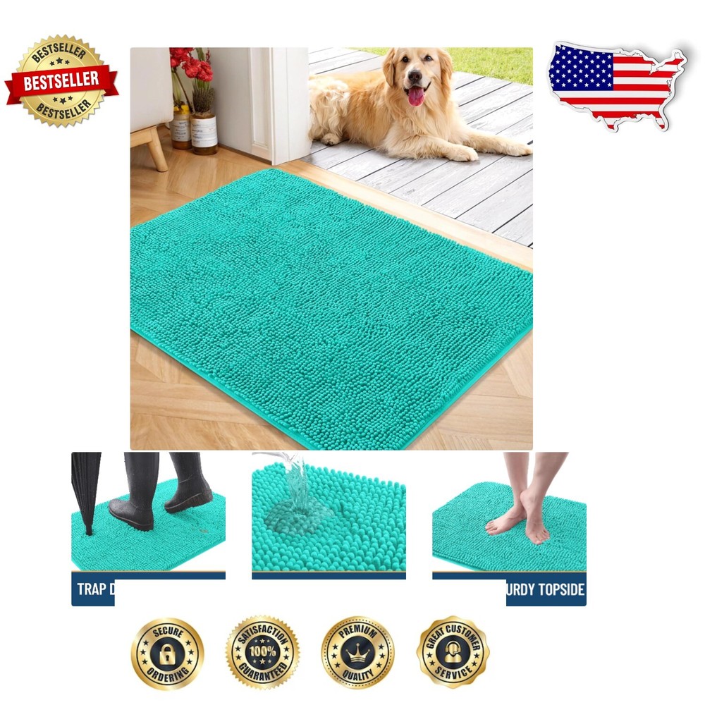 Non-Slip Teal Chenille Dog Mat 40x32 - Perfect for Indoor & Outdoor Use