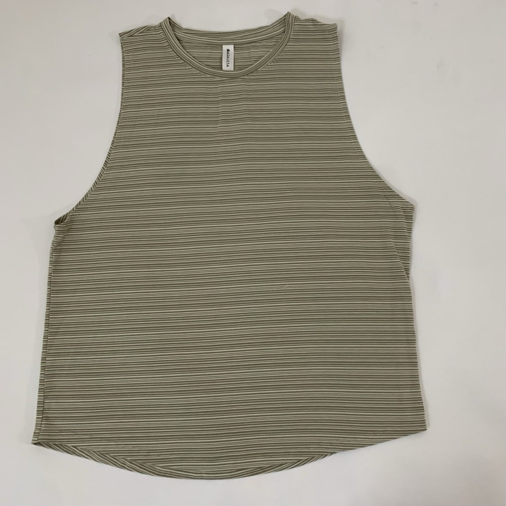 Athleta Cloudlight Striped Muscle Tank Top Women L Olive White Workout Gym Lift