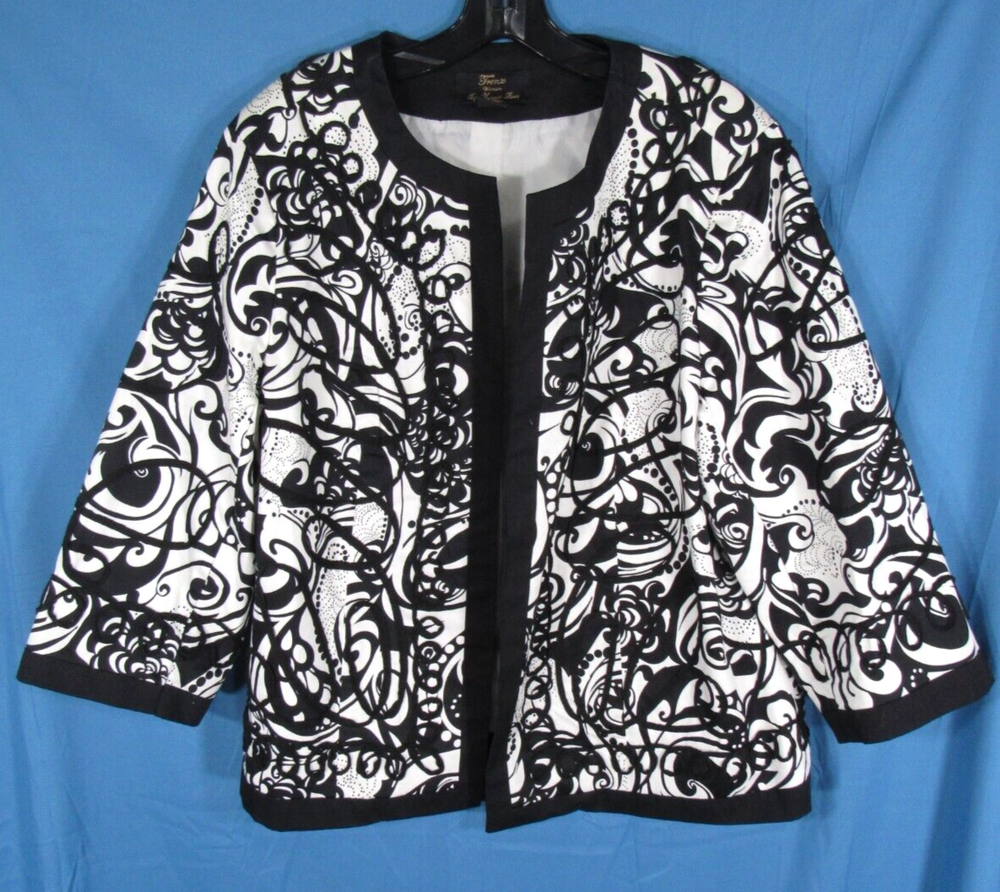 TRENZ WOMAN Jacket Top Topper BLACK/WHITE Open Front ABSTRACT Twill STRETCH   1X
