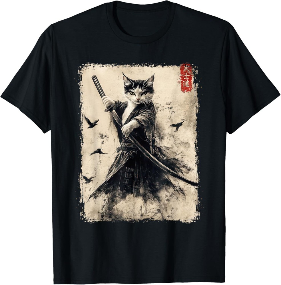 Samurai Cat Graphic Tee Warrior Vintage Japanese Art Anime T-Shirt Hoodie