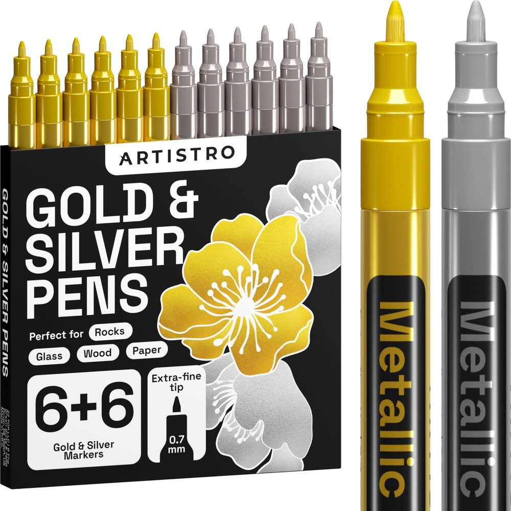Gold & Silver Metallic Paint Pens for Rock Painting, Stone, Ceramic, Glass, W...