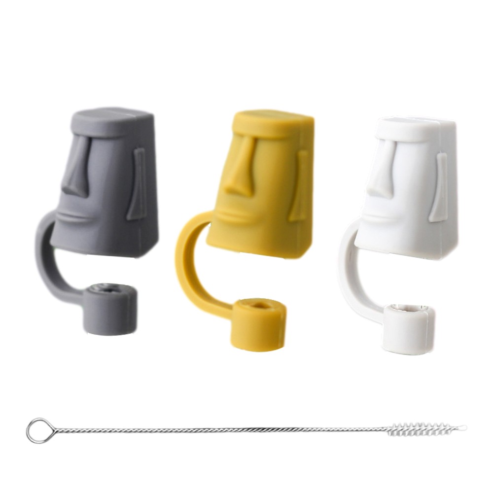Silicone Straw Covers Cute Statue Of Moai Reusable Straw Tips Cover Dust-Proof