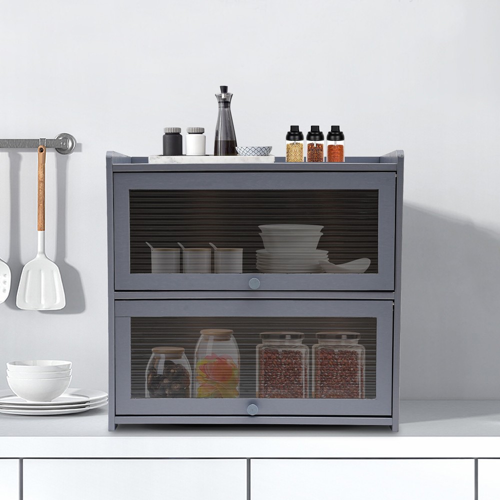 Modern Gray Two-Tier Countertop Storage Cabinet