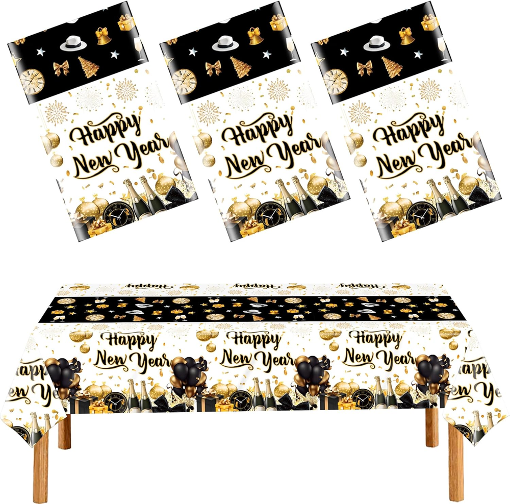 3 Pack New Years Tablecloths,Happy New Year Decorations,Black and Gold Disposabl