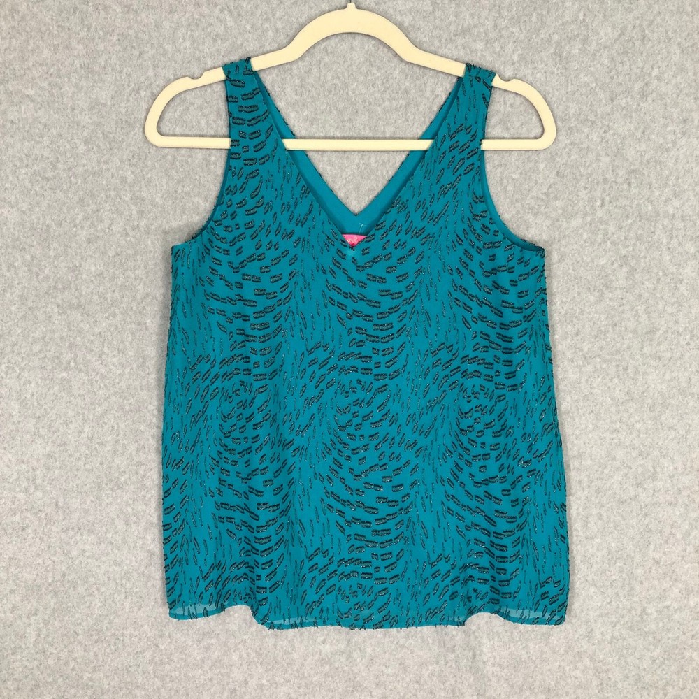 Lilly Pulitzer Top XXS Blue Silk Tank Blouse Loose Florin Teal Bay Swirl Clip