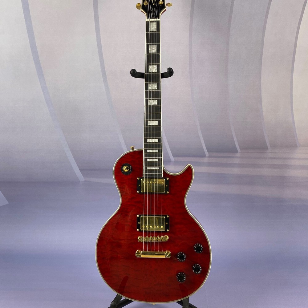 In Stock Gold Parts 6 String Transparent Red Flame Top Electric Guitar