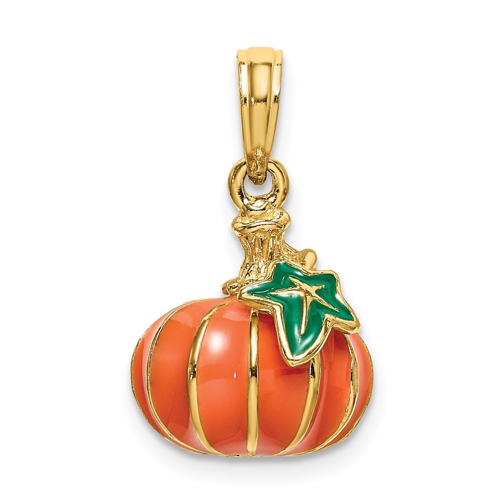 14K Yellow Gold 3-D Enameled Pumpkin Charm Pendant L-18.7 mm, W-11.7 mm 4.07gm