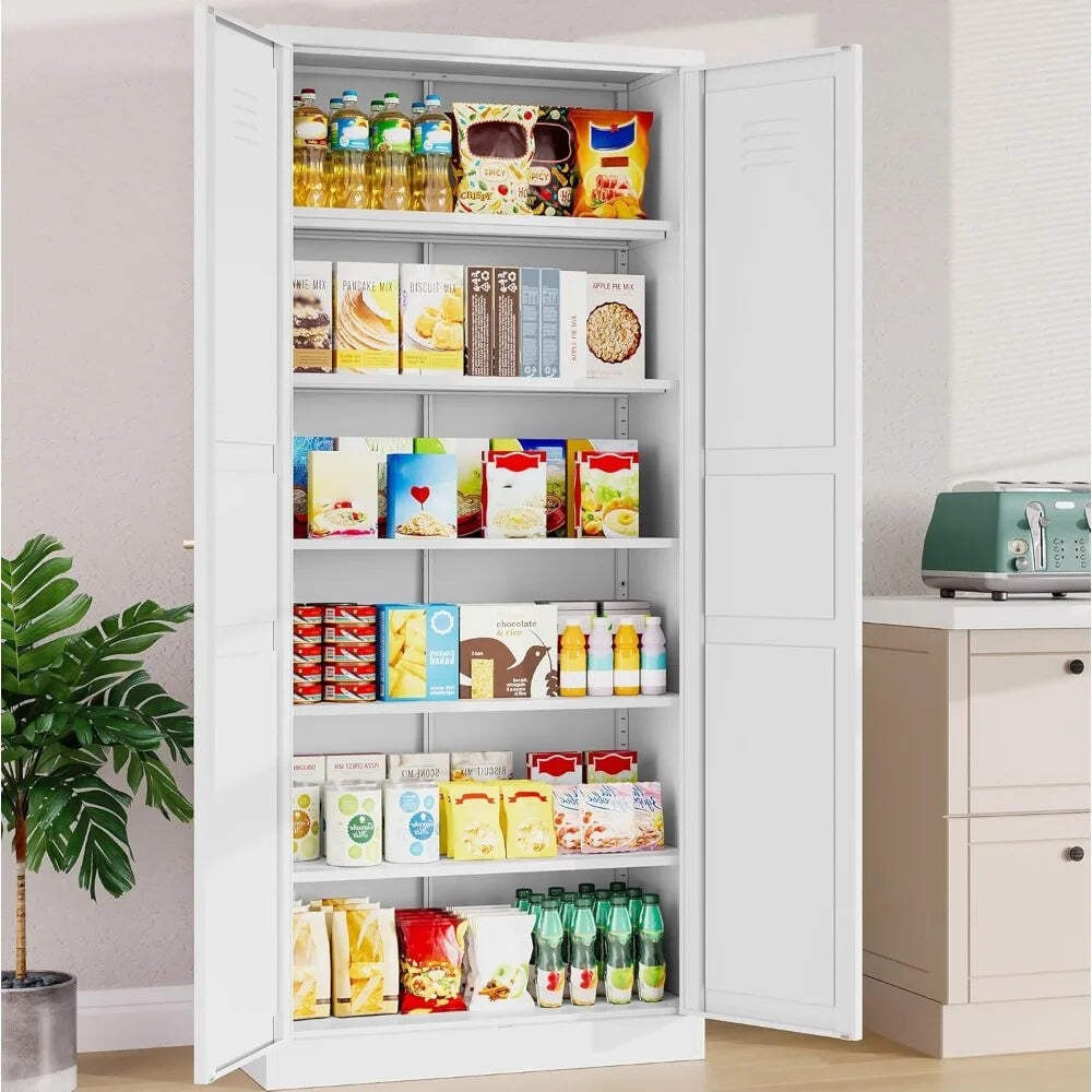White Metal Storage Cabinet 71 Inch Tall Pantry with 2 Doors and 6 Shelves