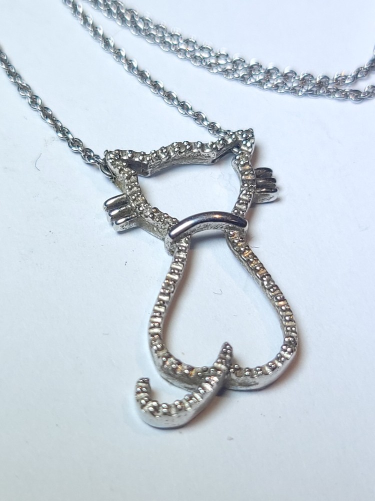 Cat Necklace Sterling Silver & Diamonds Italy 925 18.5