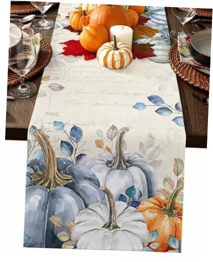 Fall Table Runner 13x90 Inches Long Thanksgiving Runner Blue Pumpkin 13