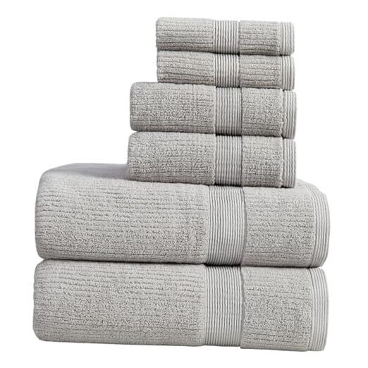 Grey Bath Towels Set of 6 | | 100% Combed Cotton | Ribbed Textured 6 Piece Set