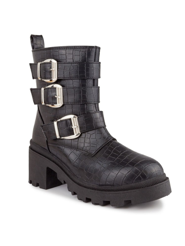 SUGAR Women’s Black Croc Moto Combat Boots with Block Heel Size 9.5 M