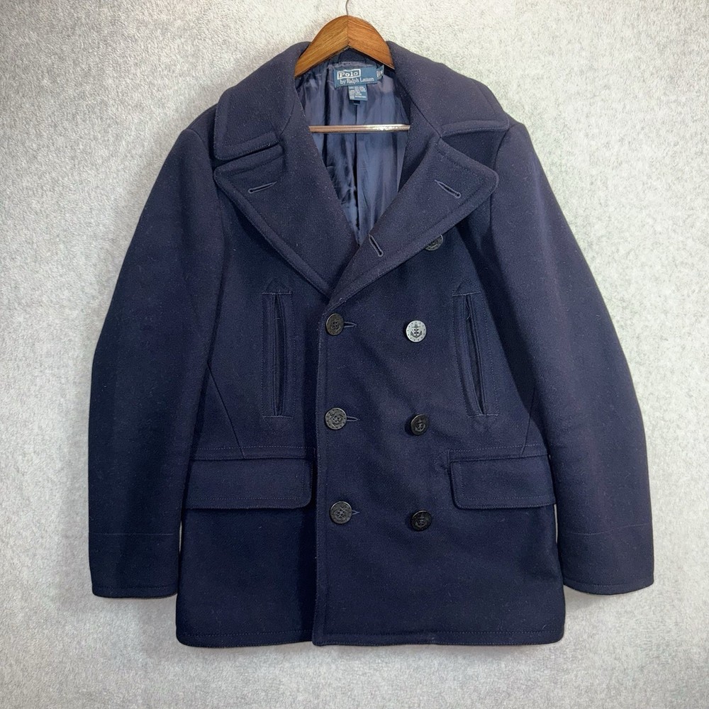 Polo Ralph Lauren Double Breasted Wool USN Navy Naval Anchor Pea Coat Medium