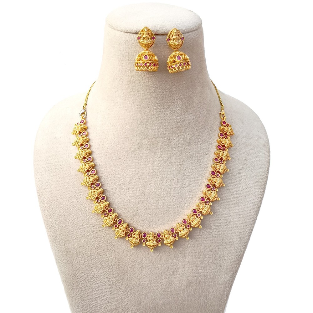 Traditional Gold Plated Lakshmi Devi Necklace Jhumka Earrings Set Indian Temple