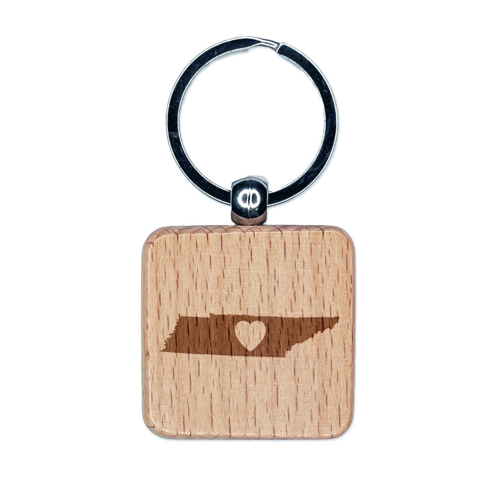Tennessee State with Heart Engraved Wood Square Keychain Tag Charm