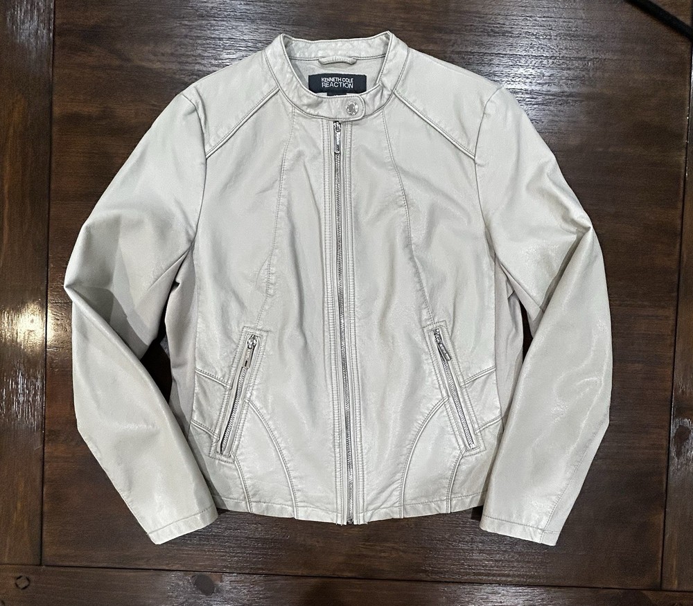 Kenneth Cole Reaction Womens Size Large Full Zip Faux Leather Jacket Beige-image