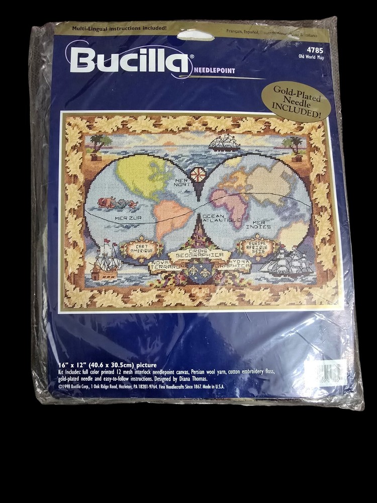 Bucilla 4785 Needlepoint Kit Old World Map 16x12 Picture  Gold Plated Needle