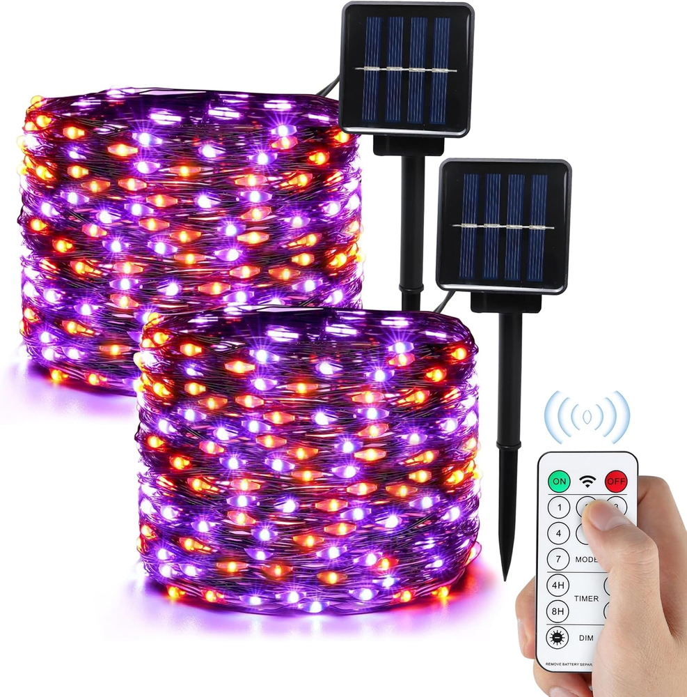 2 Pack 132Ft Solar Fairy String Lights - Orange Purple Waterproof Outdoor Lights