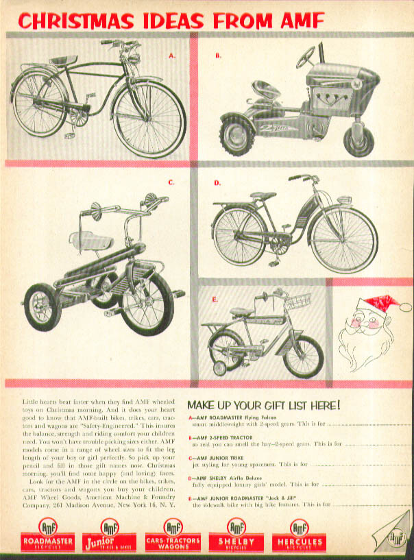 Christmas Ideas from AMF ad 1956 Shelby Airflo bicycle pedal tractor Roadmaster