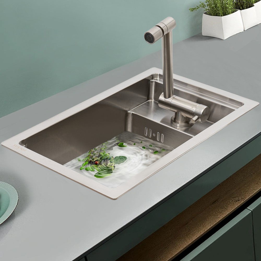 Stainless Steel Single Bowl Bar Sink with Folding Faucet & V-Shaped Drainpipe