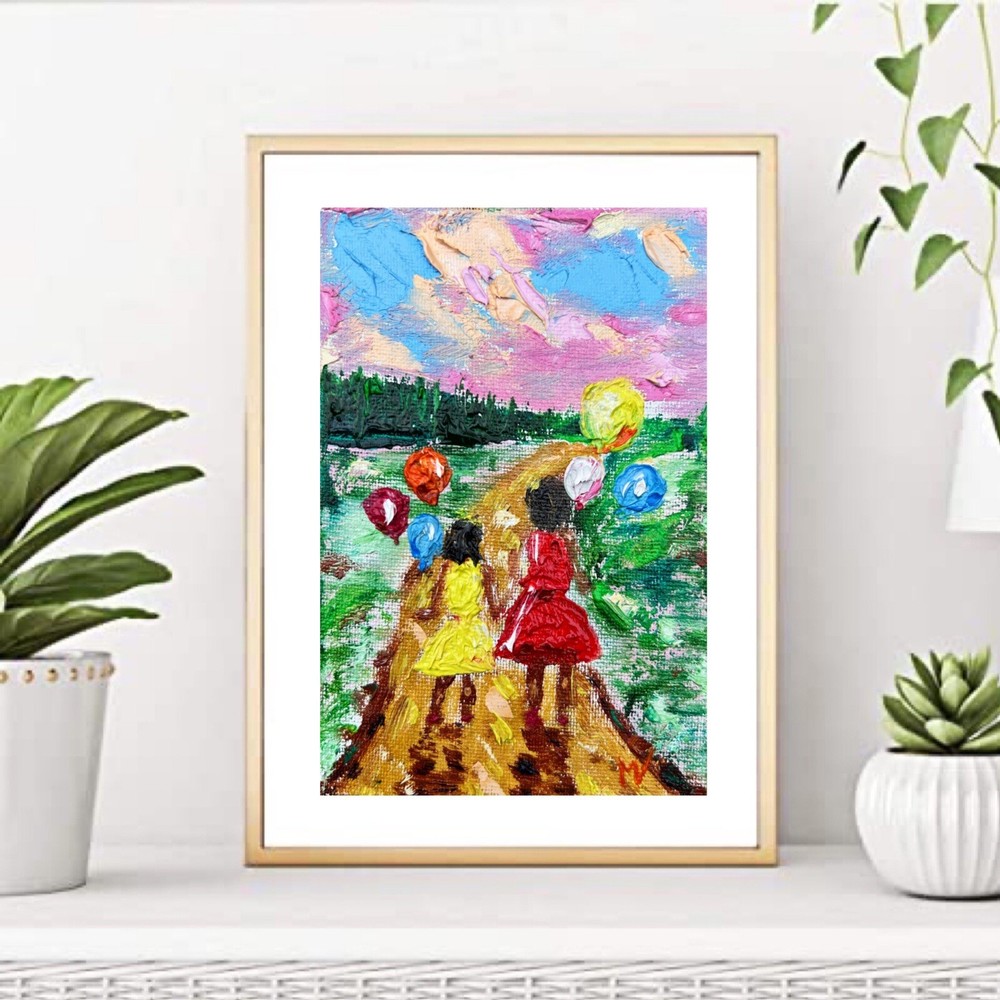 Two Sisters Painting Girls Original Artwork Oil Art Sisters Art Best Friends 4x6