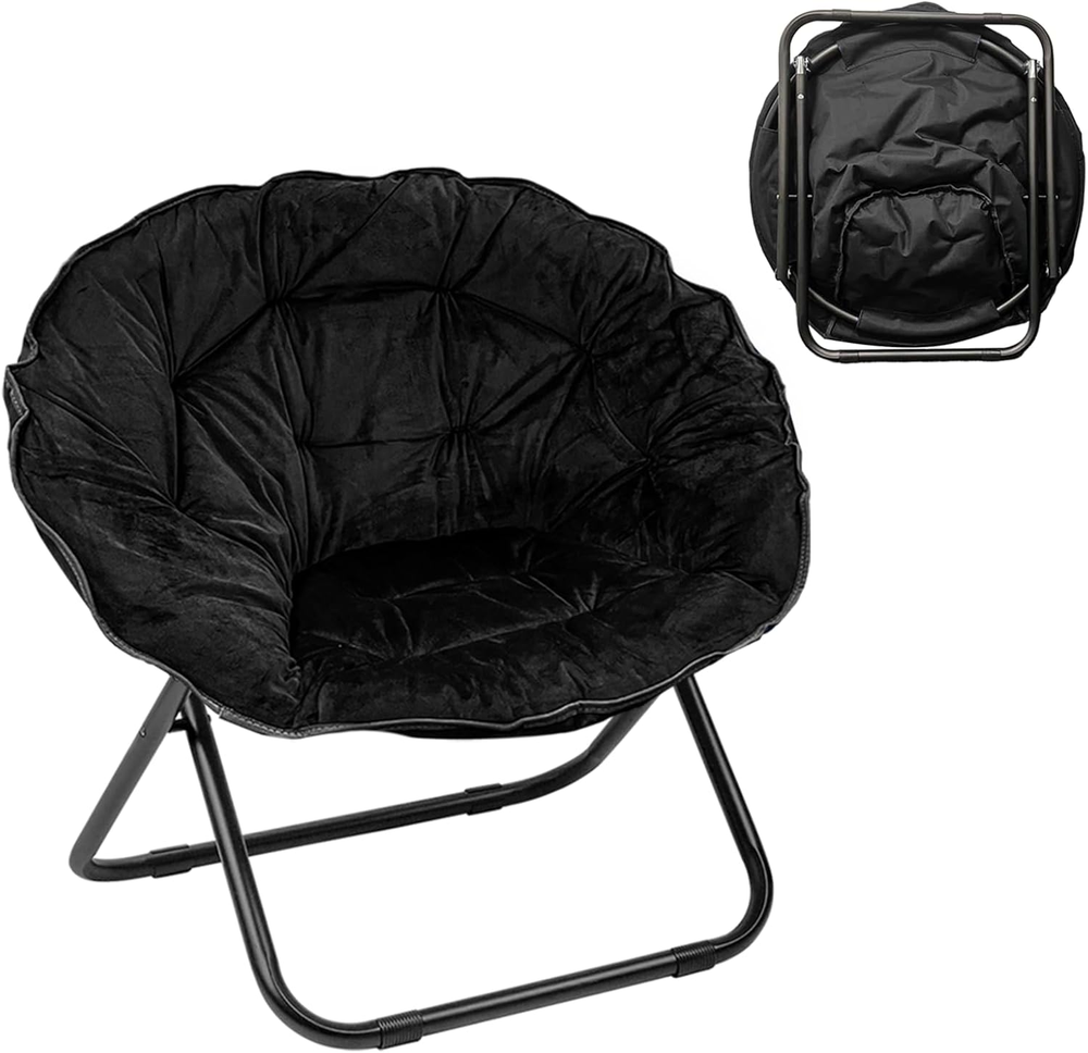 Folding Round Saucer Chair for Adults with Comfy Padded Faux Fur Design