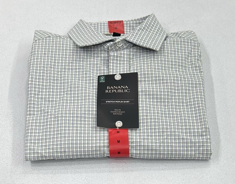 Banana Republic Men's Slim Fit Stretch Poplin Shirt, Green/Blue Striped, Size M