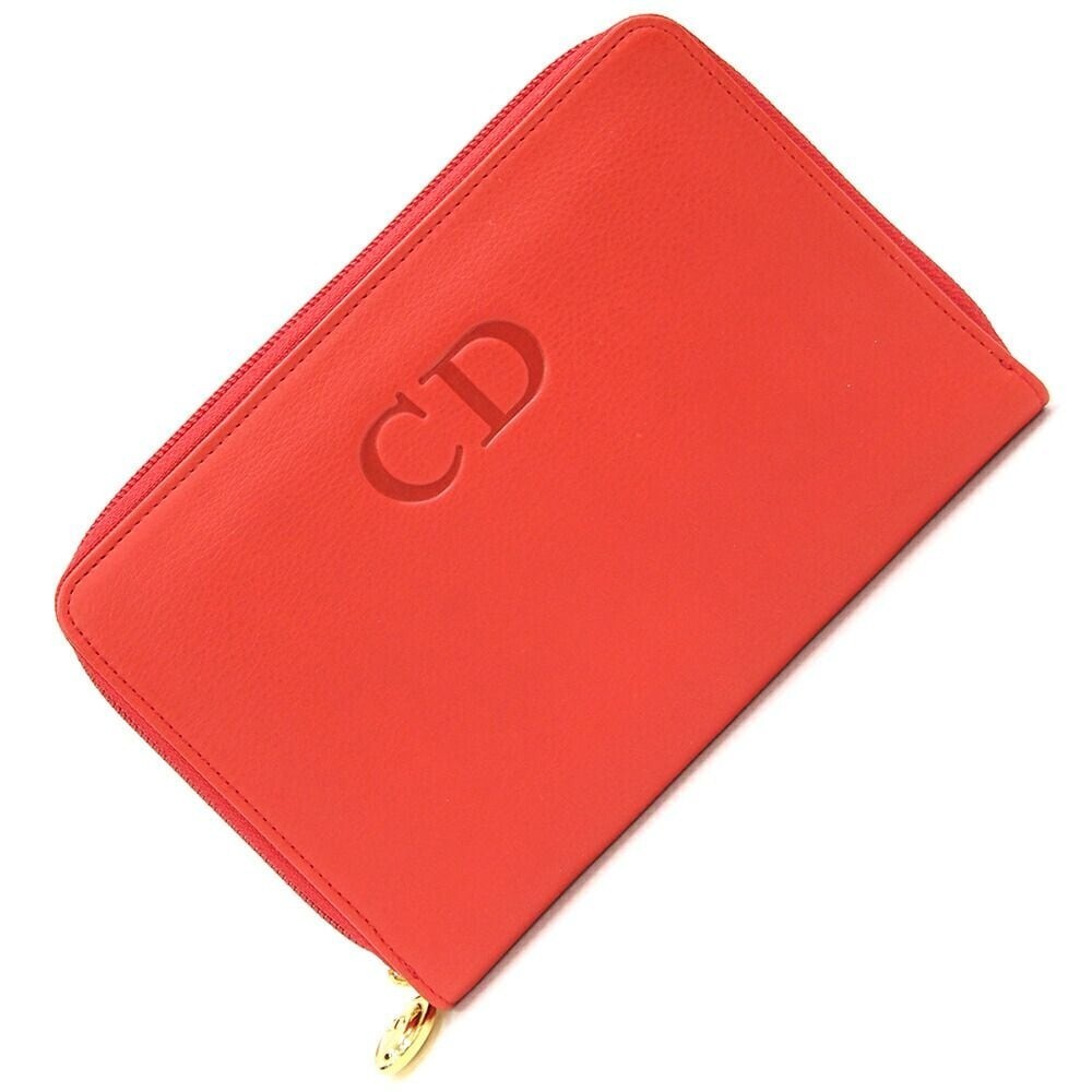 Dior CD Logo Leather Travel Wallet Case Red Navy Authentic With Box